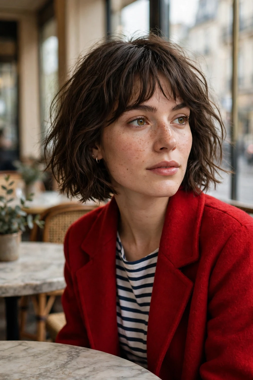 Young woman with a French bob, jaw-length cut with soft bangs, in a Parisian-style cafe.