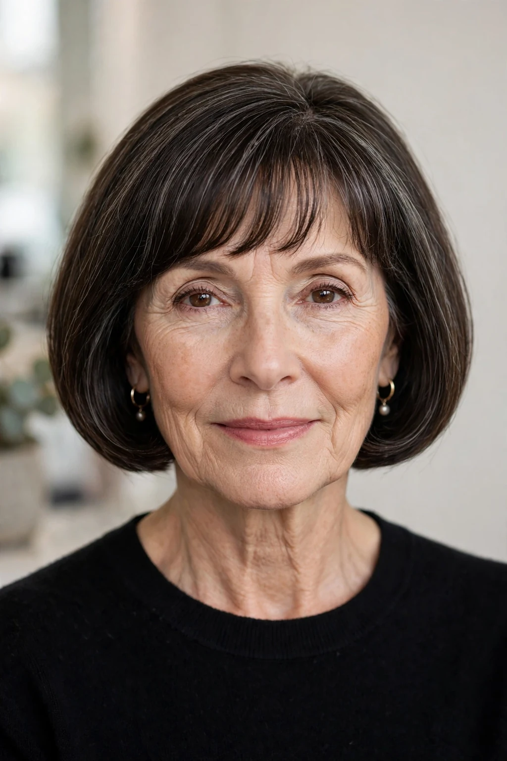 Elegant woman over 50 with french bob, parisian chic cut, elegant light.