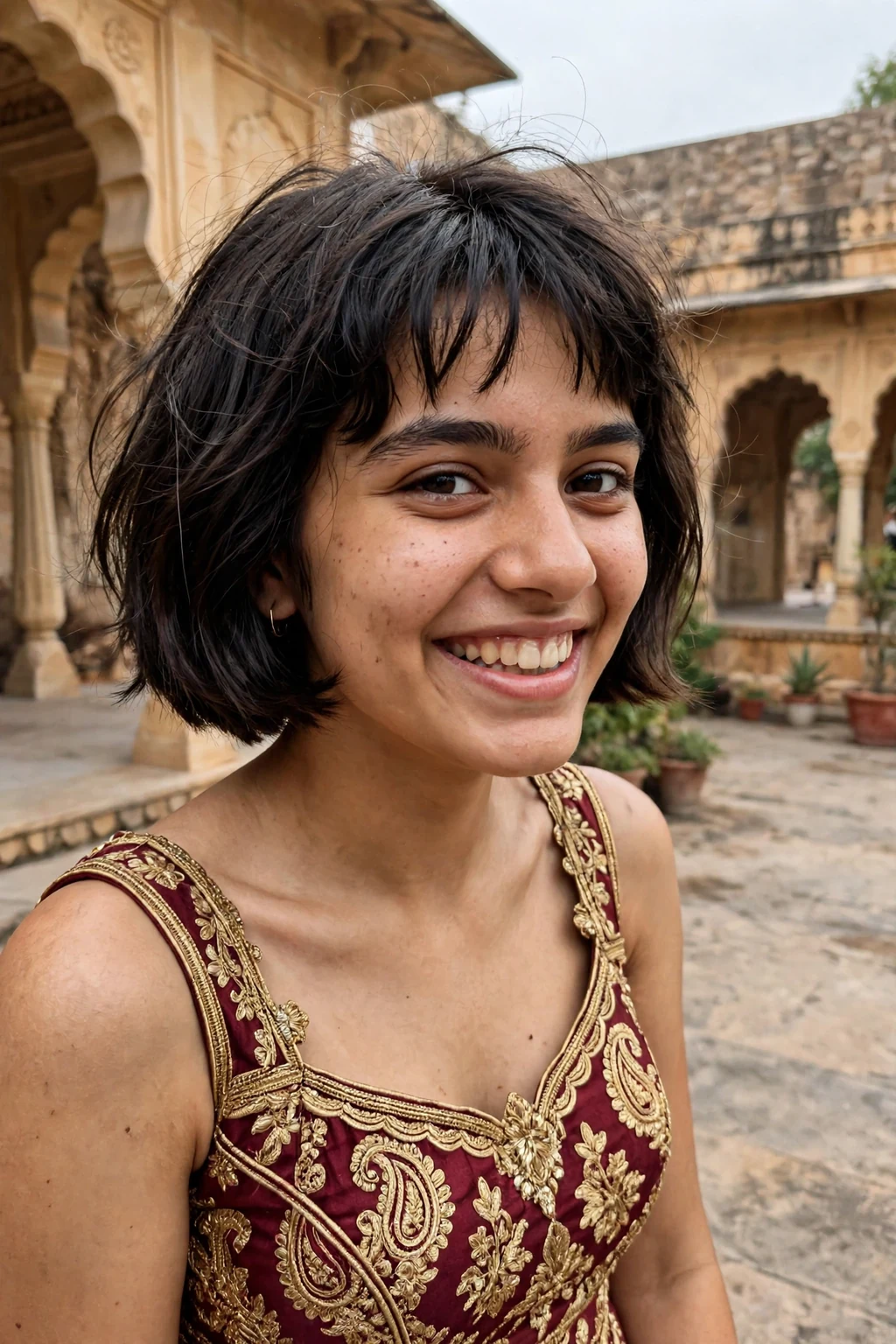 Young woman aged 18 to 20 with french bob with bangs hairstyle for prom, a palace-style courtyard with arches.