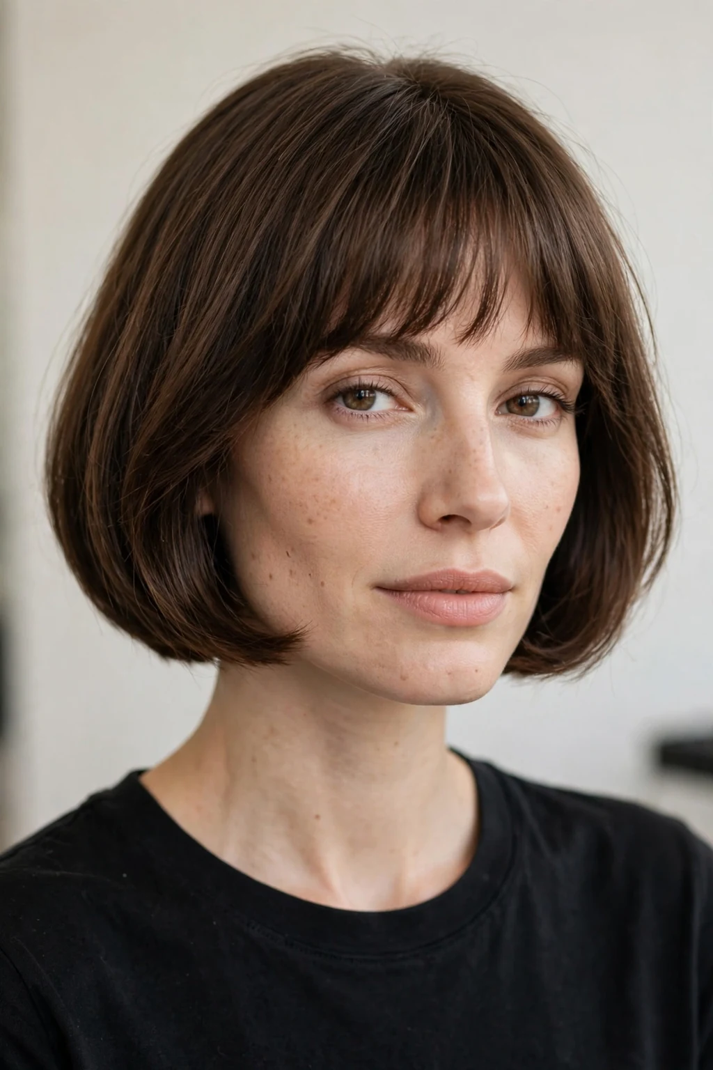 Woman with french bob and bangs, parisian chin-length cut, chic timeless light.