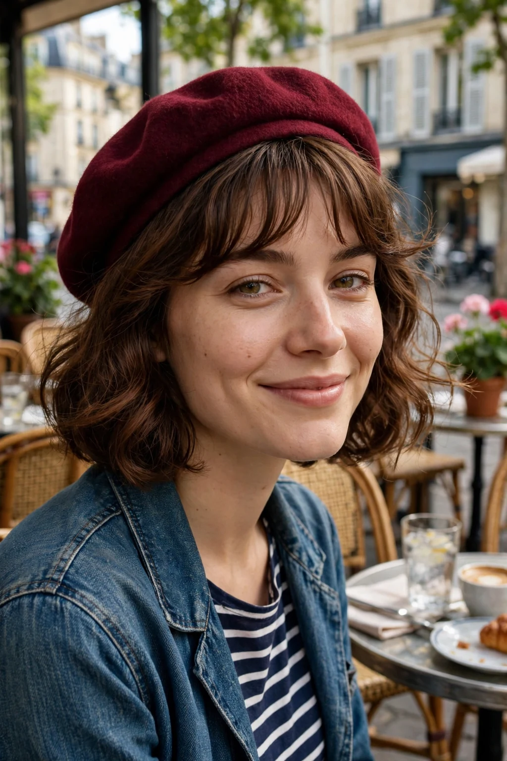 Young woman with a french bob with wispy bangs hairstyle, effortlessly tousled and light.