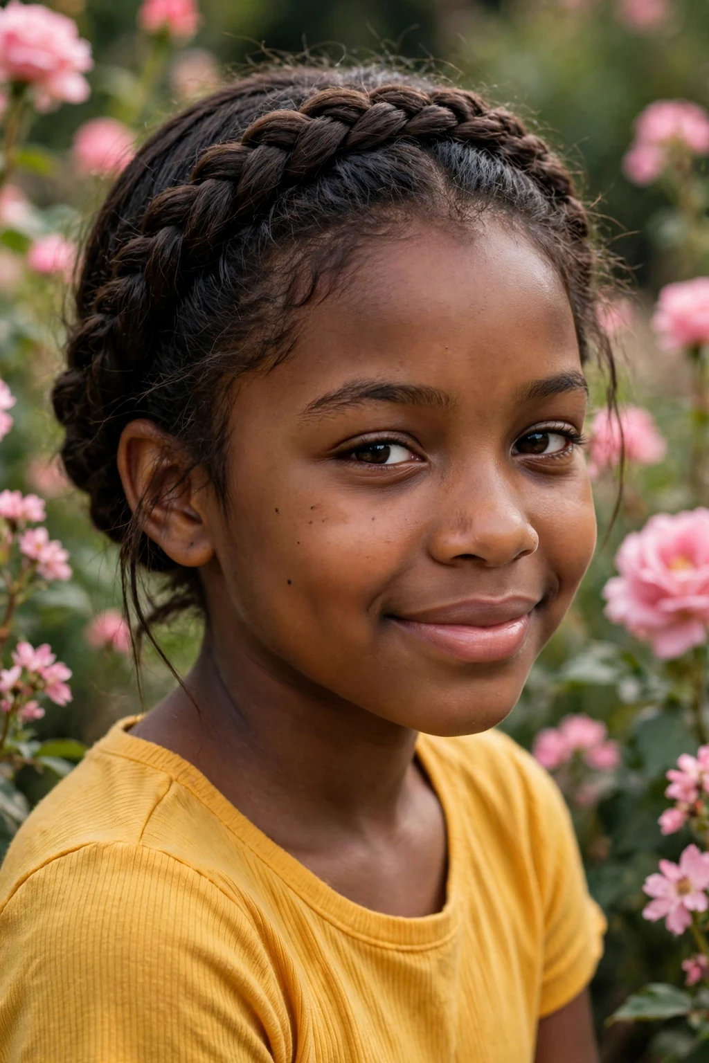 A young girl wearing a French braid crown wrapped around her head in a flower garden.