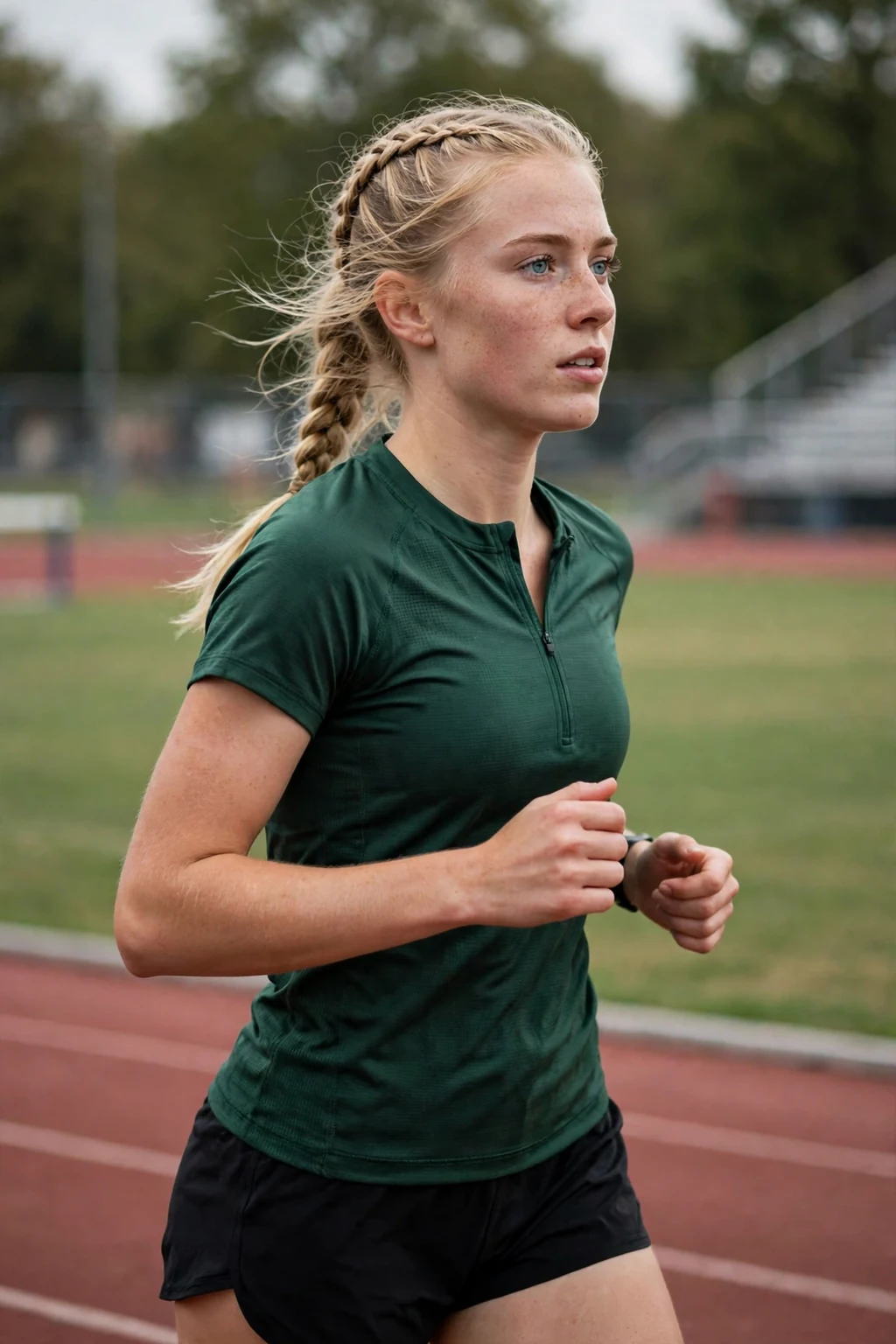 A young woman athlete with a French braid into a low ponytail on a track.