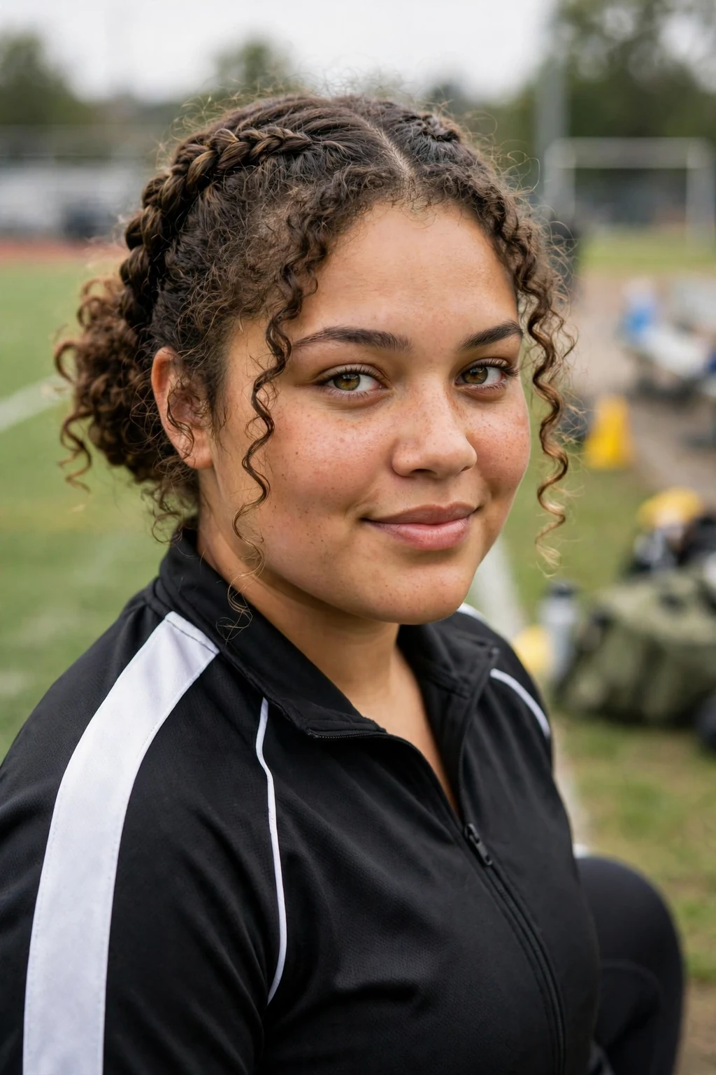 Young athlete on a field sideline in a warm-up jacket with a French braid into a bun.