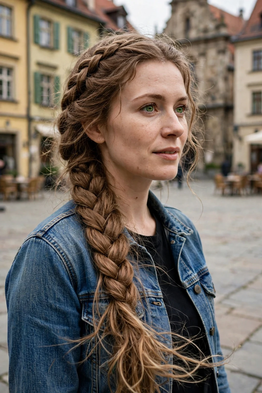 A young Polish woman in her early 30s with very long light brown hair in a French braid into loose ends, wearing a denim jacket in a historic town square.