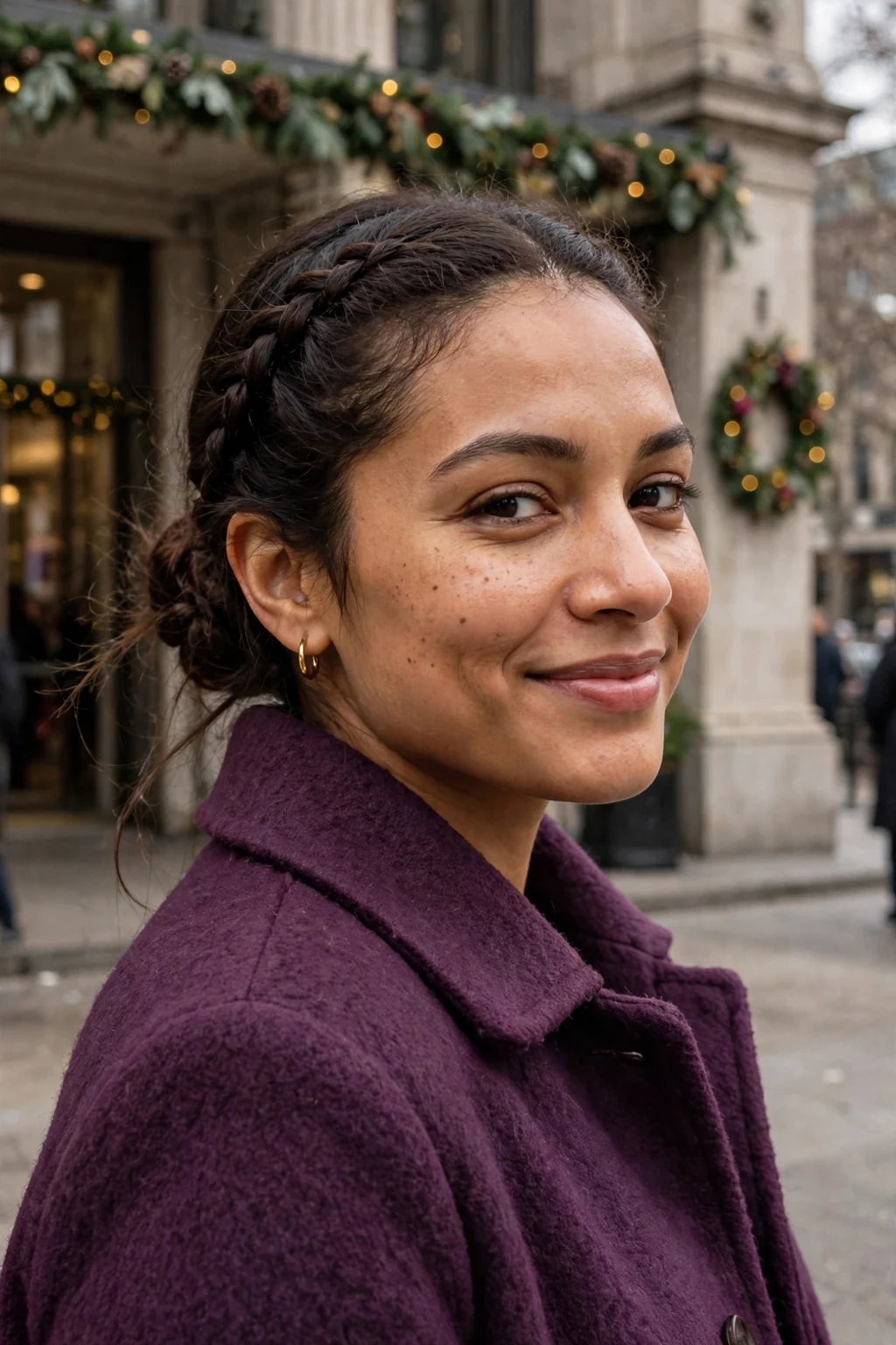 Young woman with a French braid flowing into a low bun, wearing a plum coat at a holiday concert hall.