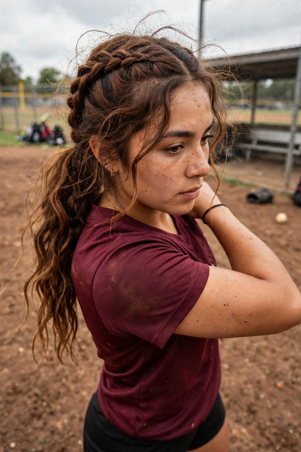 Young softball player with a French braid flowing into a ponytail, warming up on the field.