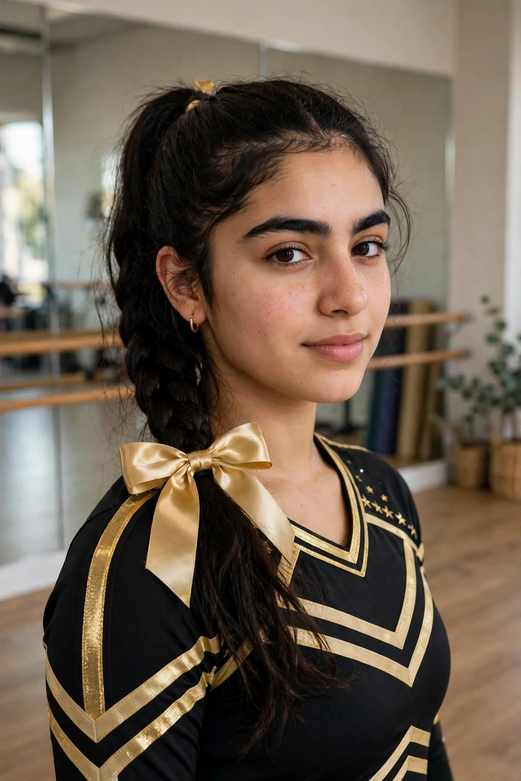Young cheerleader with a French braid leading into a ponytail with a gold bow, in a dance studio.