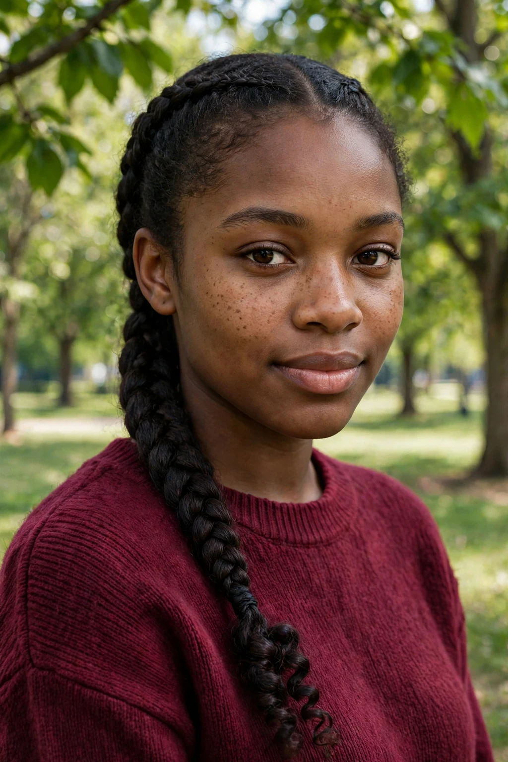 A young woman with a sleek French braid down the back of her head, wearing a burgundy sweater in a park.