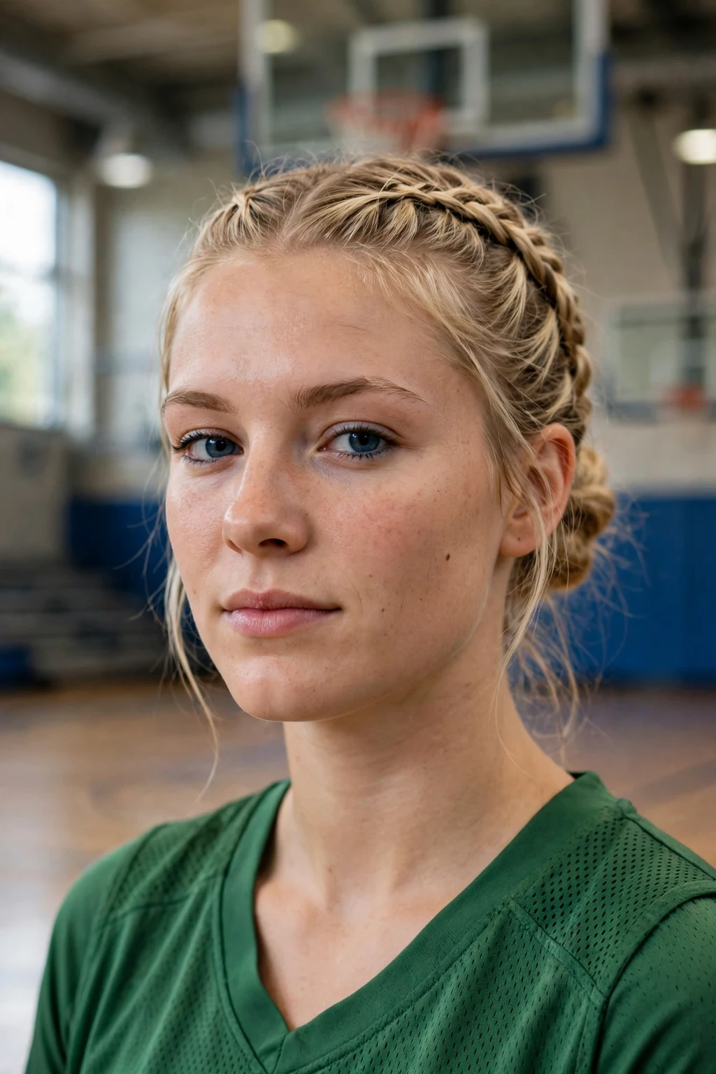 Young woman athlete with a French braid into a low bun, wearing a green jersey.