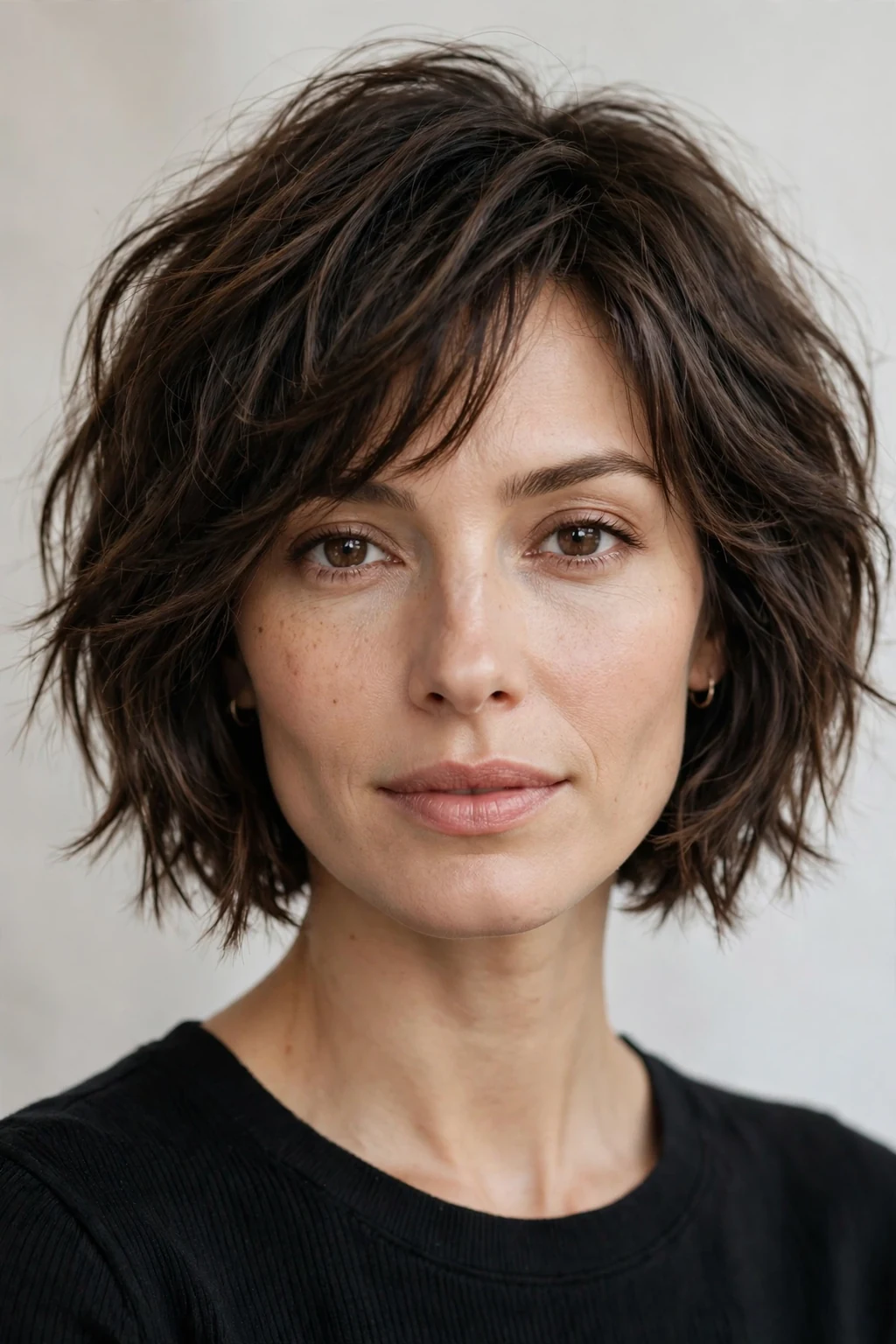 Woman with French choppy bob, Parisian chic jaw-length cut with texture, elegant light.
