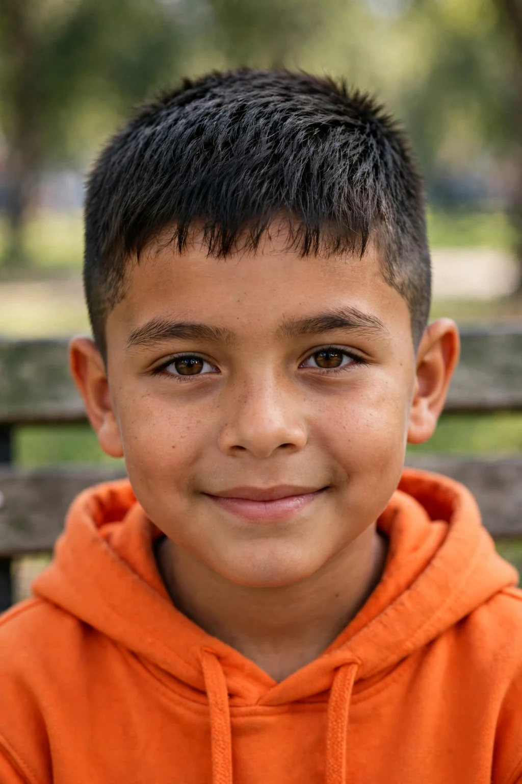 A young boy with a French crop haircut, short back and sides with a cropped textured fringe, on a park bench wearing an orange hoodie.