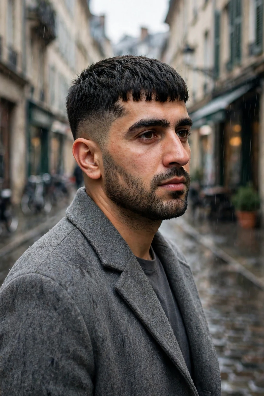 Young man with a French crop for thick hair, wearing a grey coat on a rainy street.
