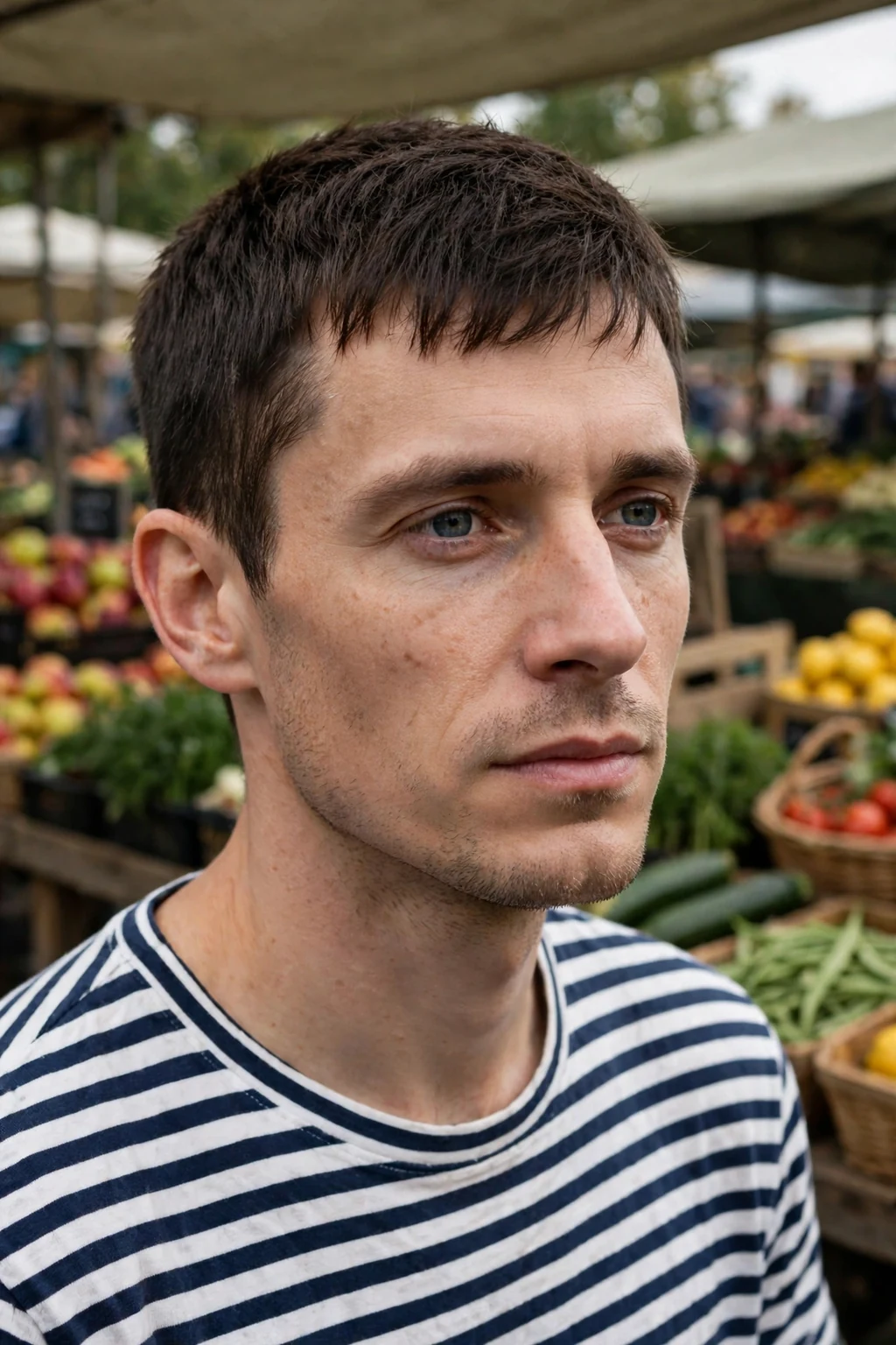 A man with a French crop wearing a striped shirt at a farmers market.