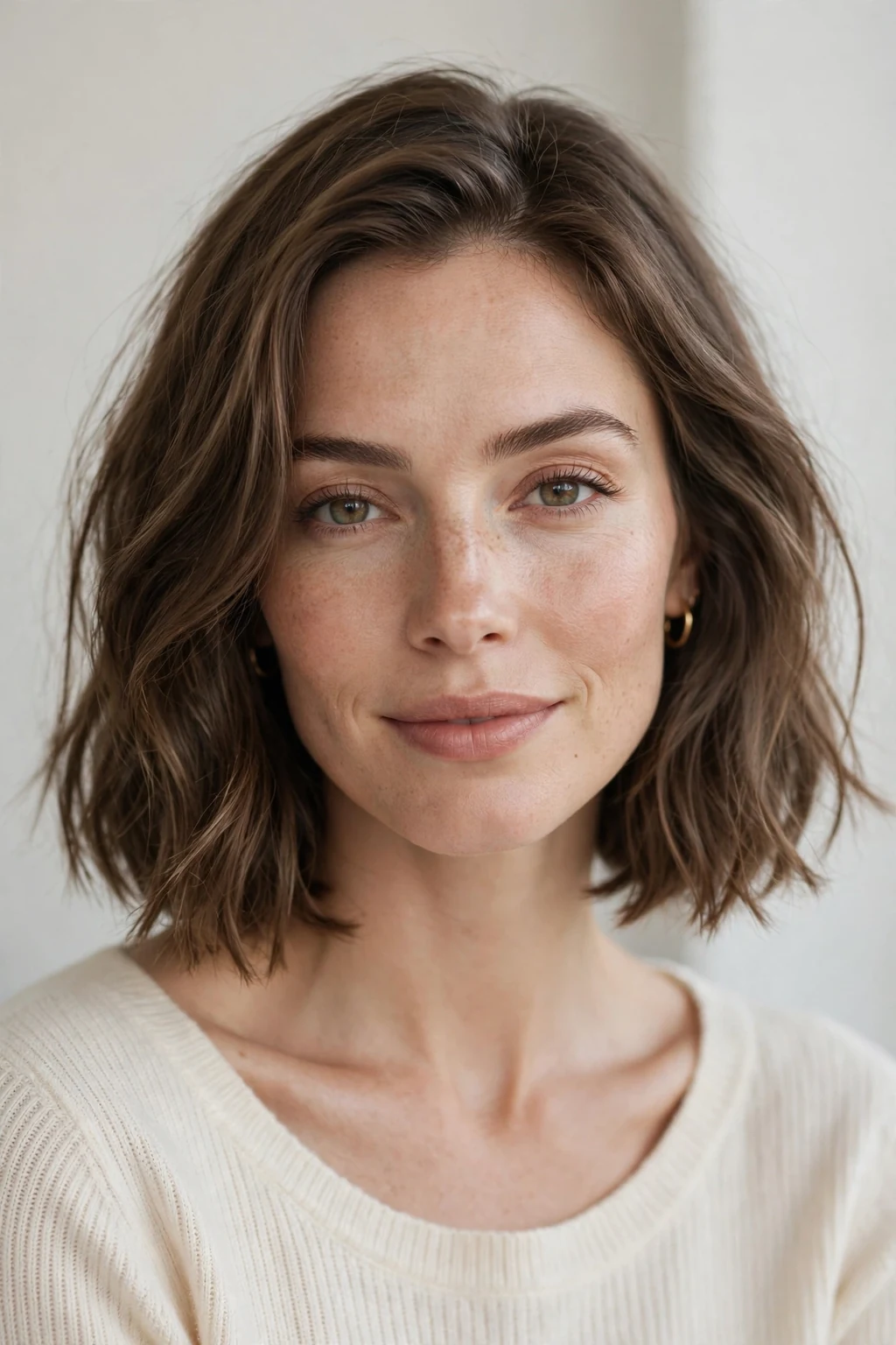 Woman with french lob, parisian chic collarbone cut, timeless light.
