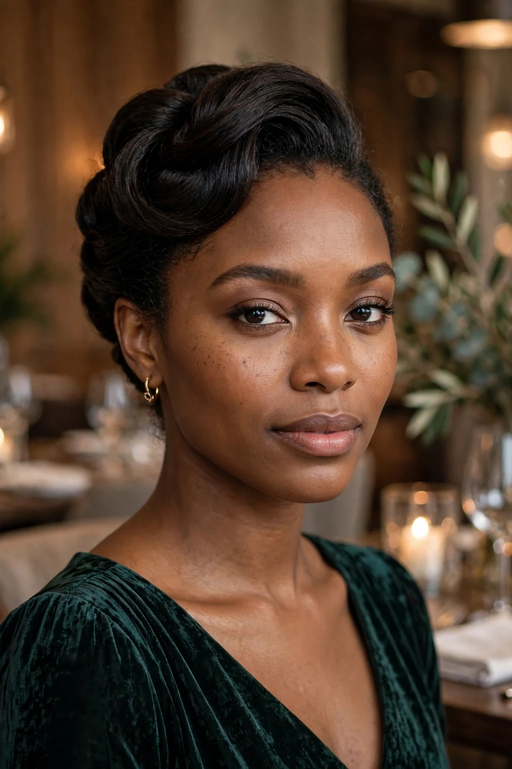 Beautiful woman with french twist updo, elegant french twist, sophisticated light.