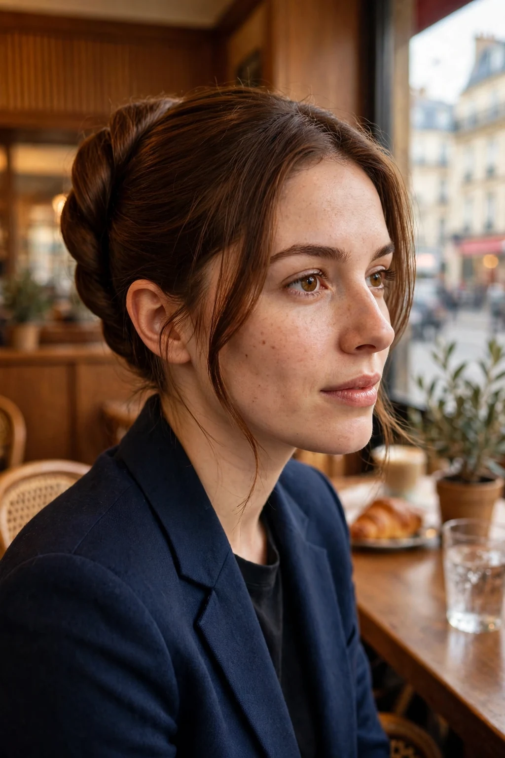 A young woman with a classic French twist updo, sleek vertical roll, in a sophisticated setting.