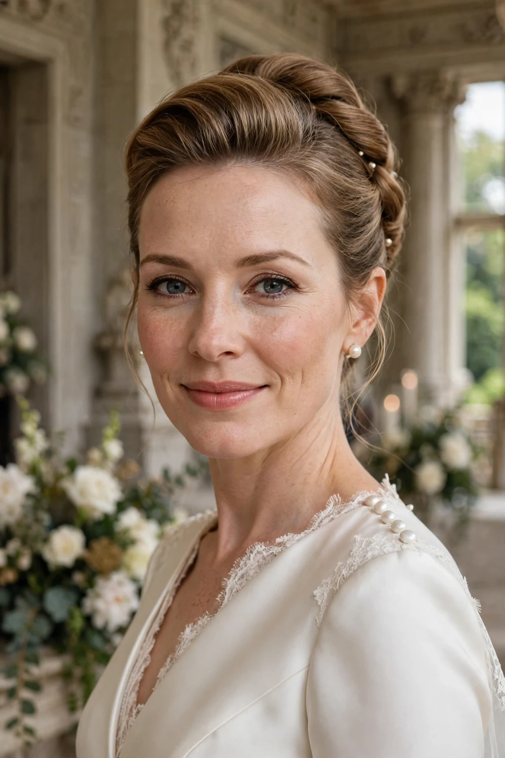 Beautiful bride with elegant french twist, classic french twist, sophisticated light.