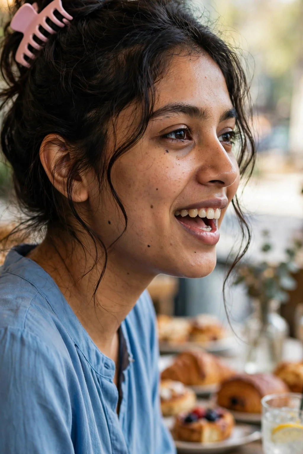 A young woman with a fresh spring claw clip updo and twisted hair, at a weekend brunch wearing a sky blue blouse.