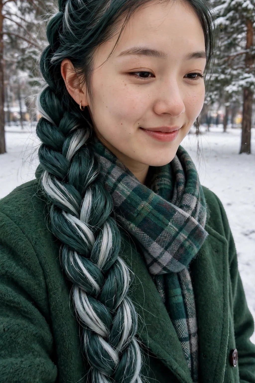 Young woman with a long evergreen fishtail braid with icy silver highlights in a snowy park.
