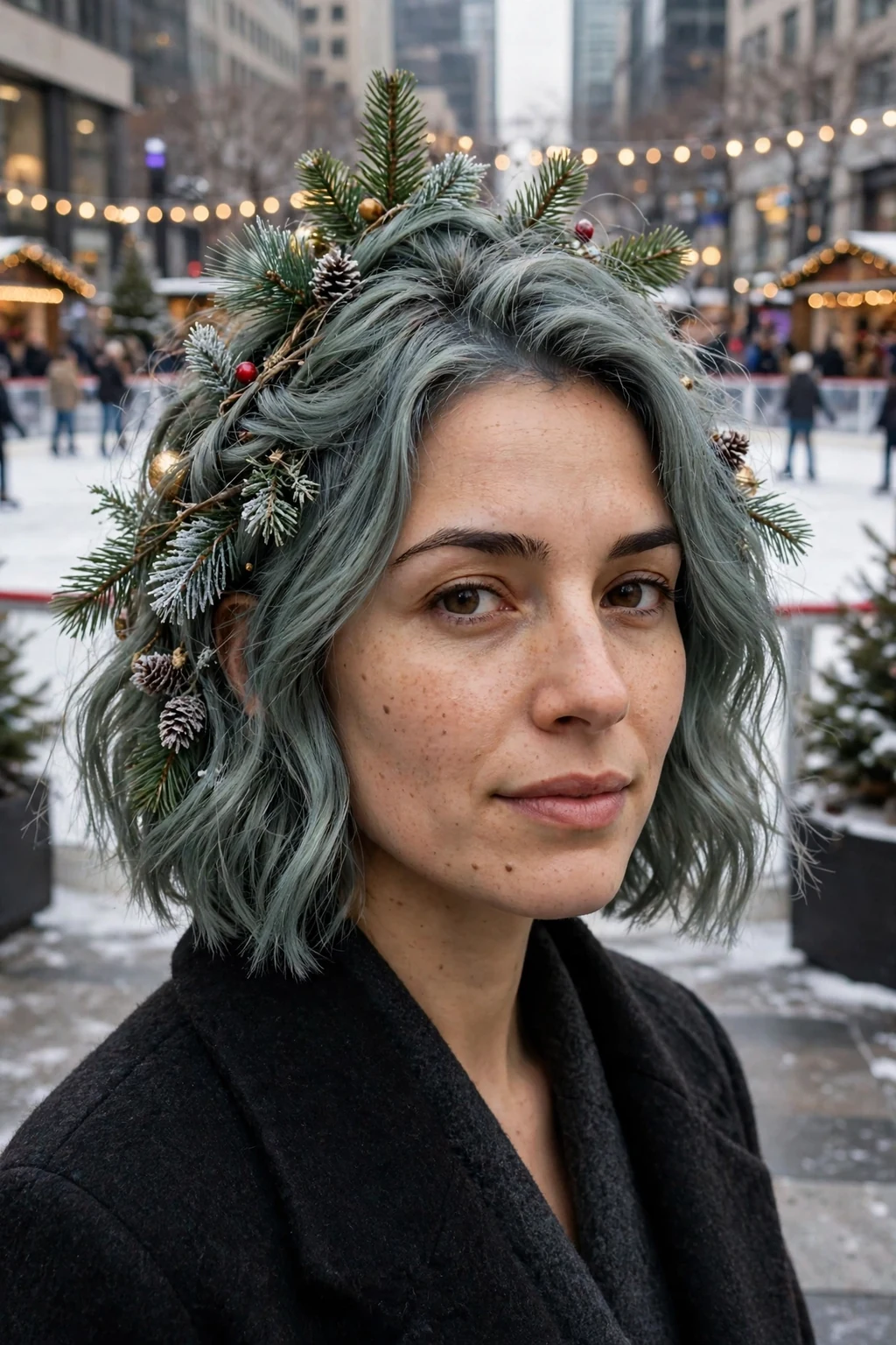Young woman with frosted pine lob hairstyle, festive holiday look.