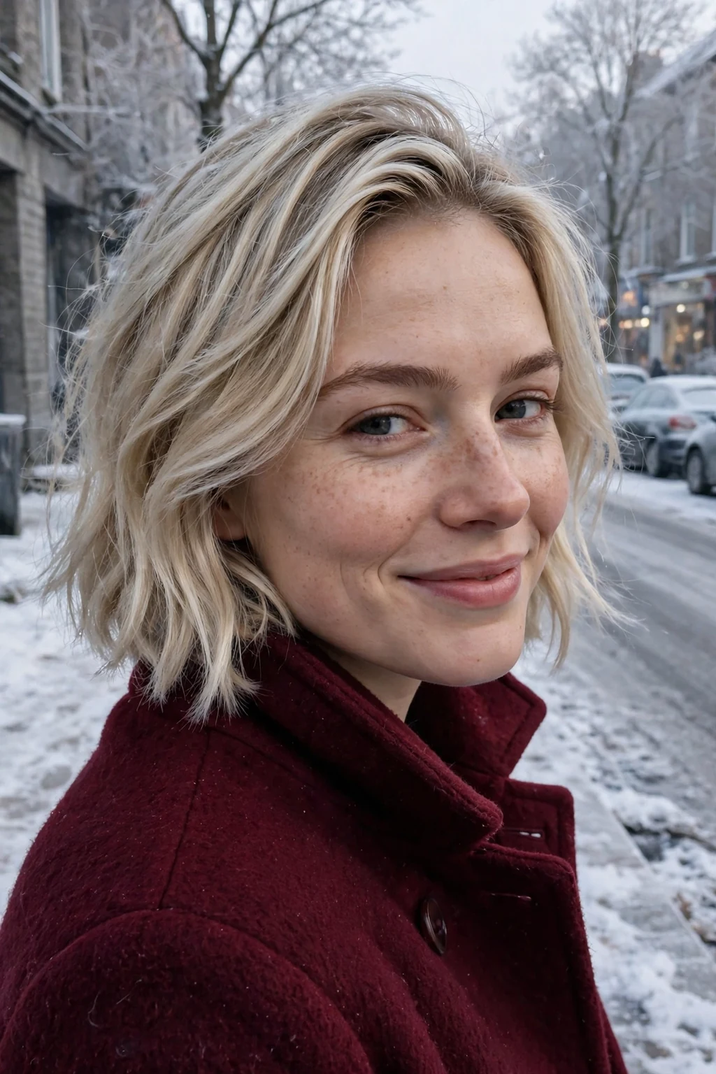 Young woman with a frosted winter highlights lob, wearing a burgundy coat on a frosty morning street.