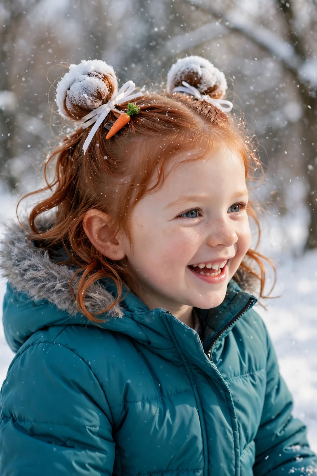 A young girl with frosty snowman buns in white-tinted hair sections with a tiny carrot clip.