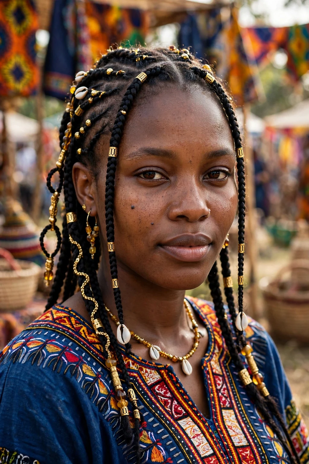 Beautiful woman with Fulani braids, cultural Fulani braids, striking light.