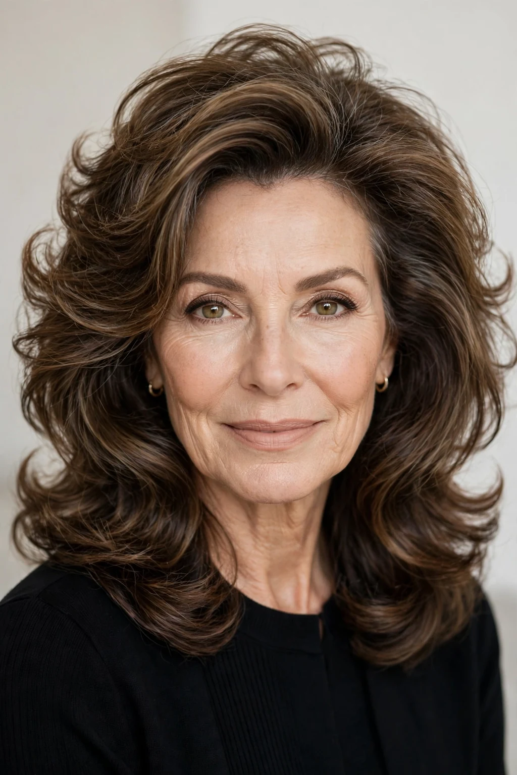 Elegant woman over 50 with full-bodied medium volume, glamorous bouncy hair, radiant light.