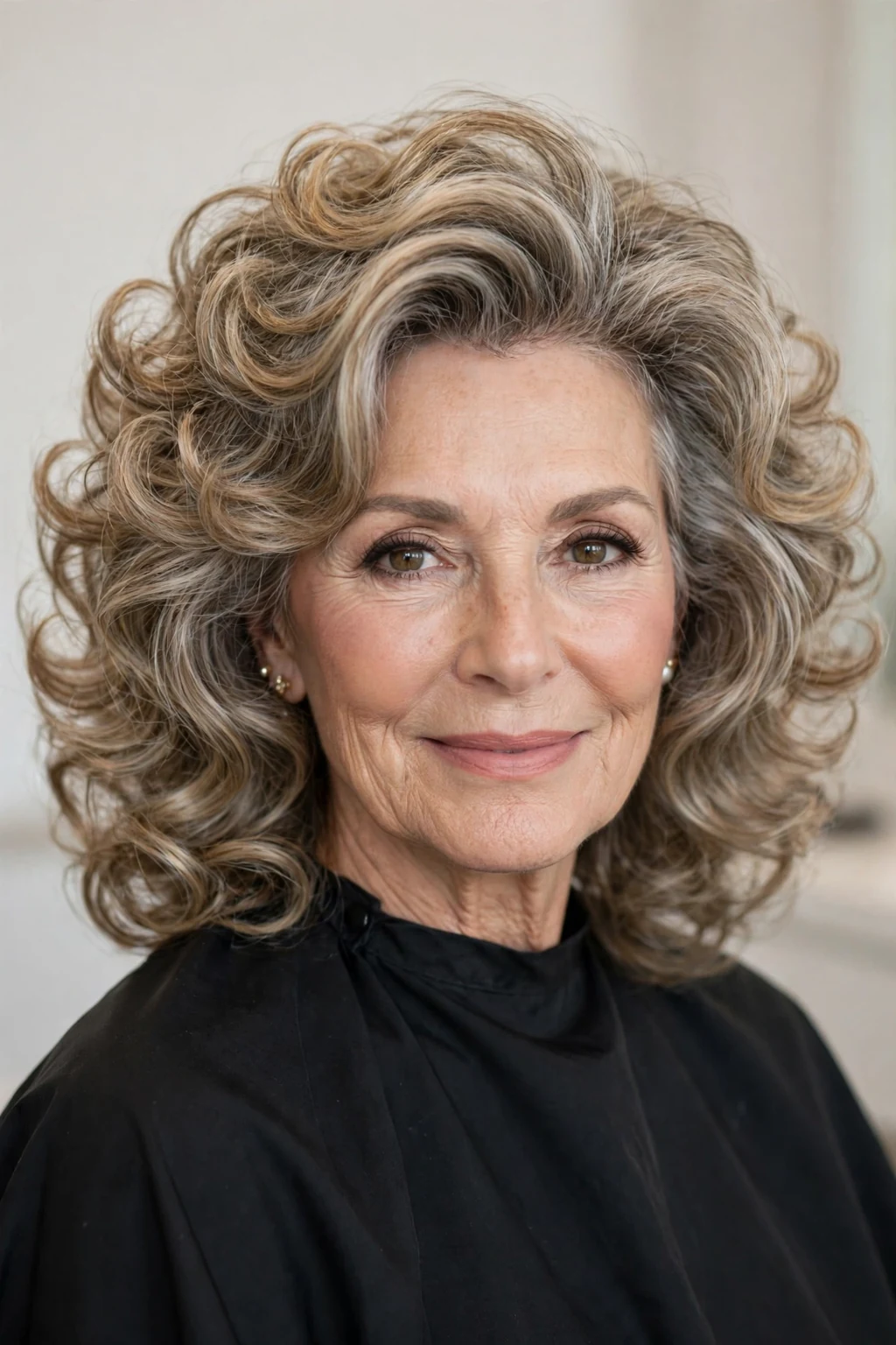 Elegant woman over 60 with full-bodied medium volume, glamorous bouncy hair, radiant light.