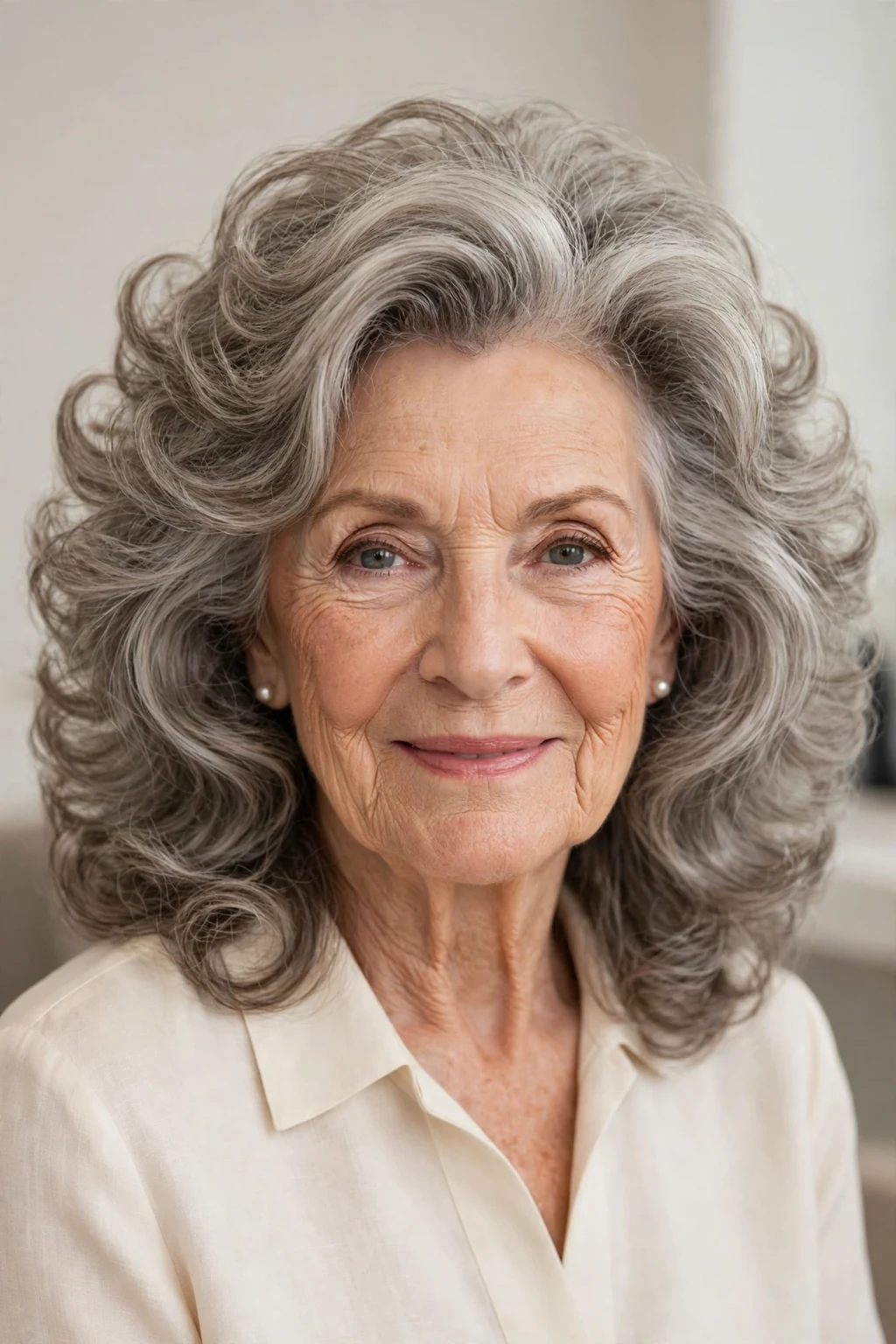 Elegant woman over 70 with full-bodied medium volume, glamorous bouncy hair, radiant light.