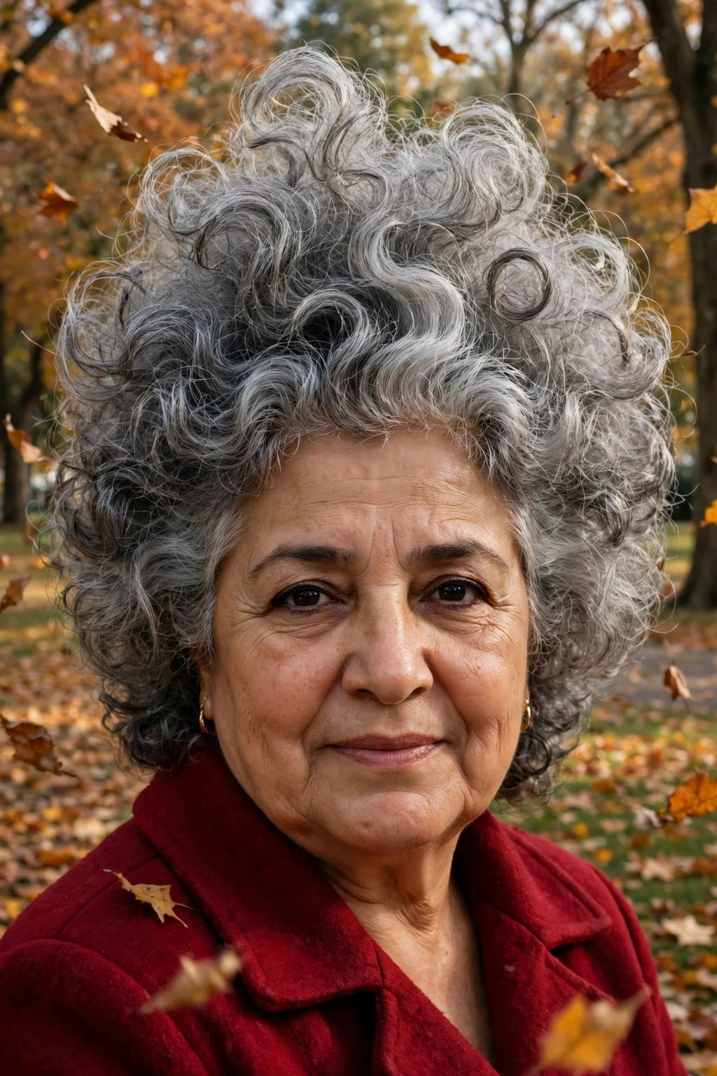 A woman in her mid-60s with a full curly crown of voluminous gray curls, wearing a deep-red coat outdoors in autumn.