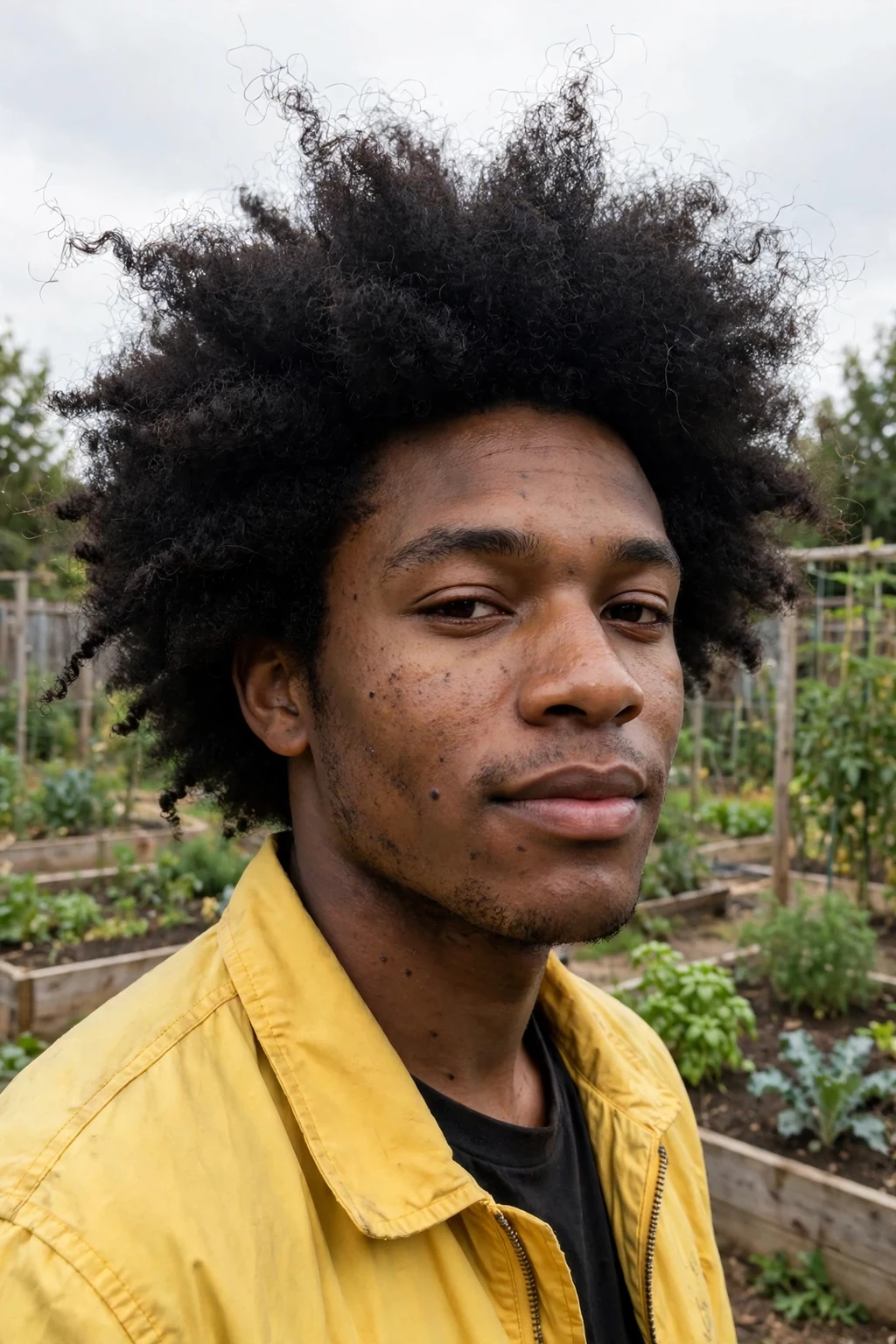 Young Black man with a full rounded afro for thick hair, standing in a community garden in a yellow jacket.