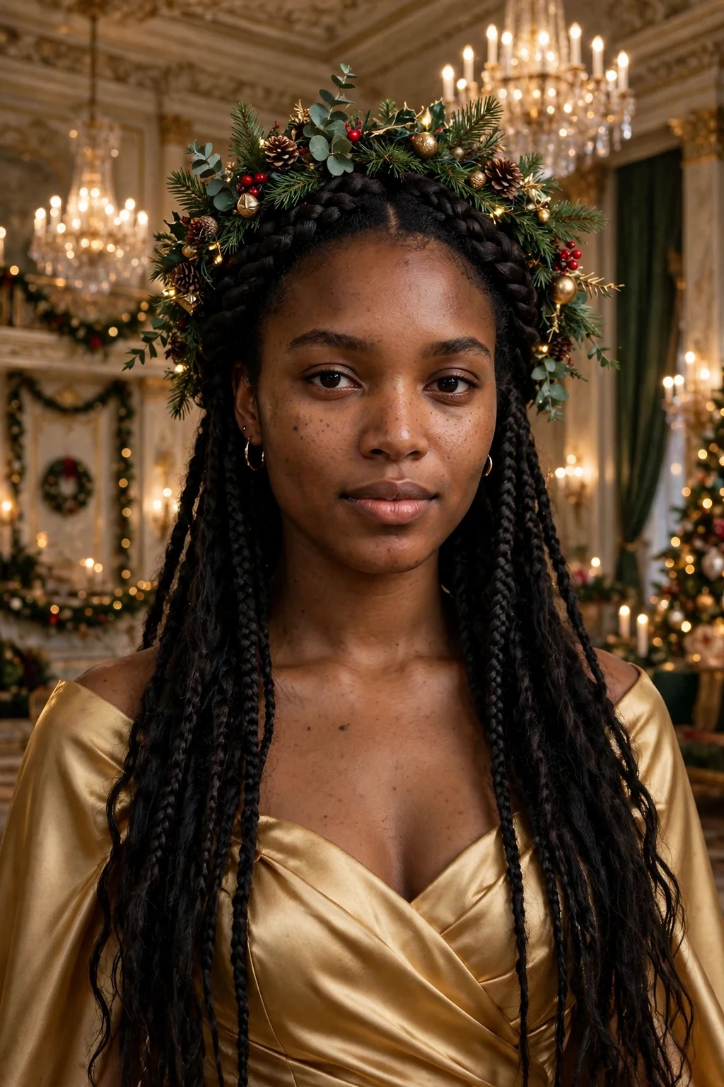 Young woman with garland wrapped braid crown hairstyle, festive holiday look.