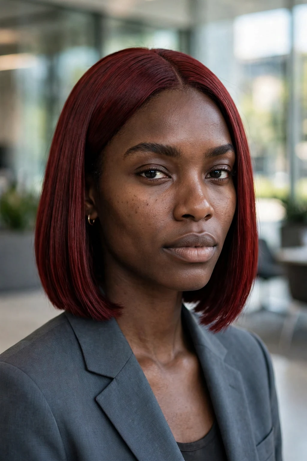 Young Black woman in her early 30s with a garnet red lob with a center part and sleek finish, in a modern office lobby wearing a slate-gray suit.