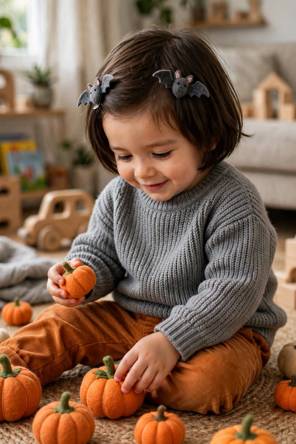 A toddler with a chin-length bob and tiny bat clips playing with toy pumpkins indoors.