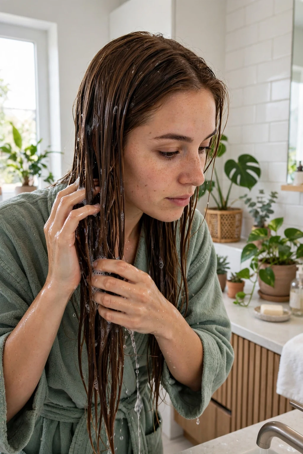A young woman with healthy shiny brown hair washing her hair gently in a bright modern bathroom.