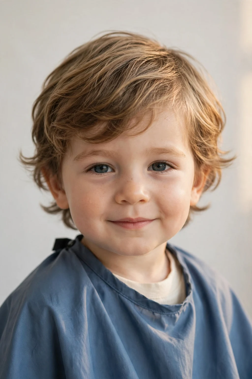 Sweet toddler boy with gentle natural waves in his hair, soft flowing texture, warm soft light.