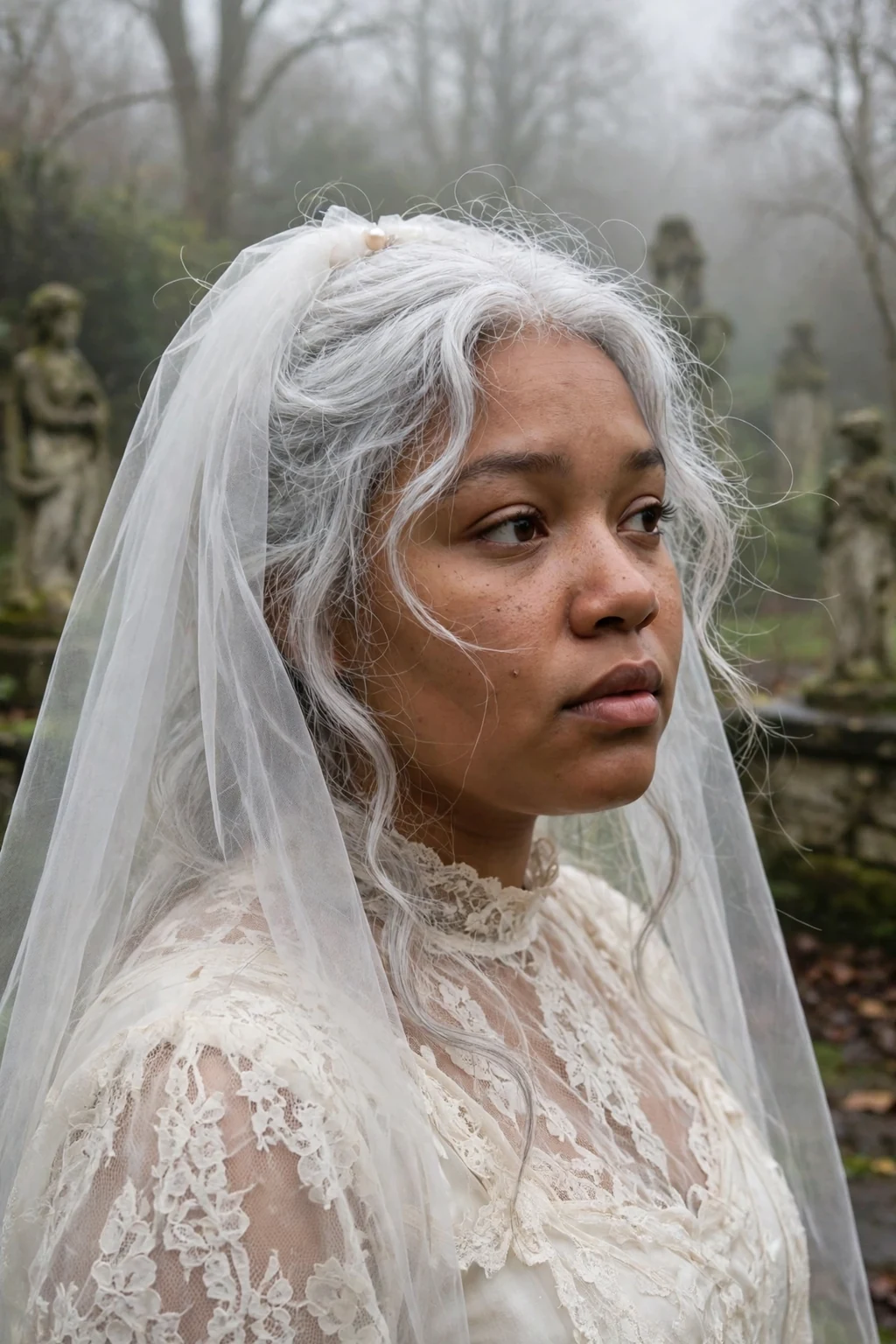 Young Black woman with long ghost bride veiled waves under a sheer white veil at a Halloween party.