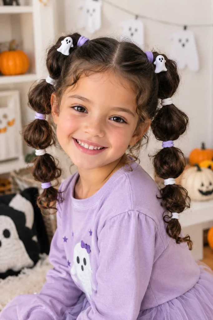 Ghost bubble pigtails Halloween hairstyles for kids