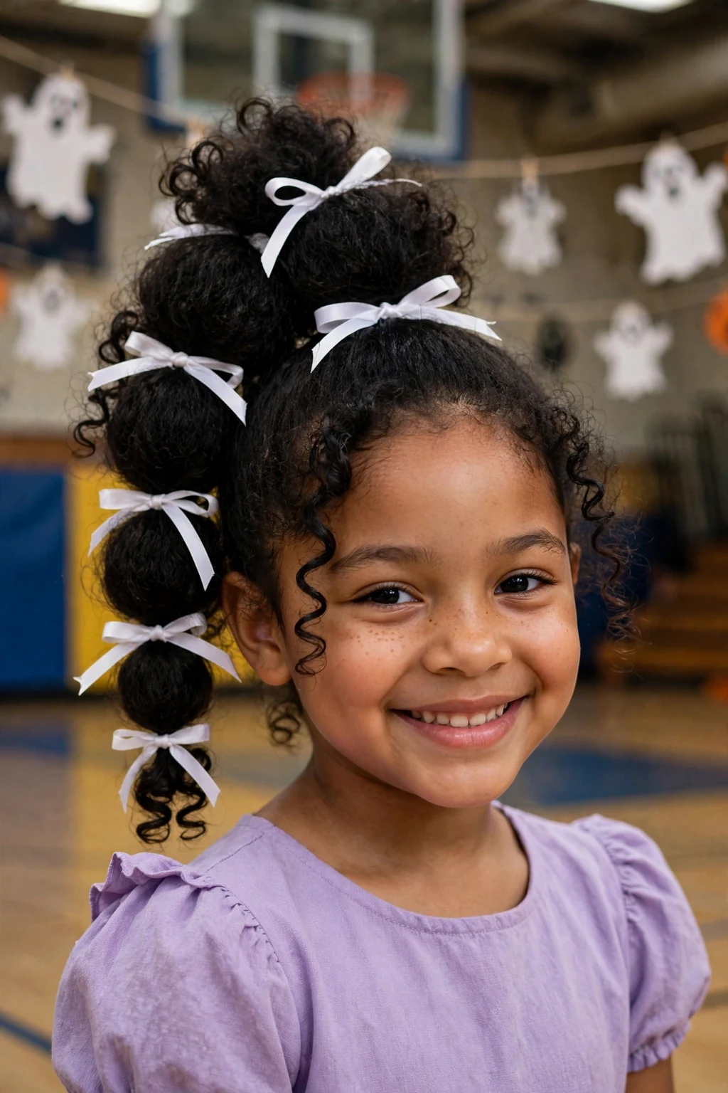 A little girl with a high bubble ponytail tied with white ribbons, standing in a school gym decorated with paper ghosts.