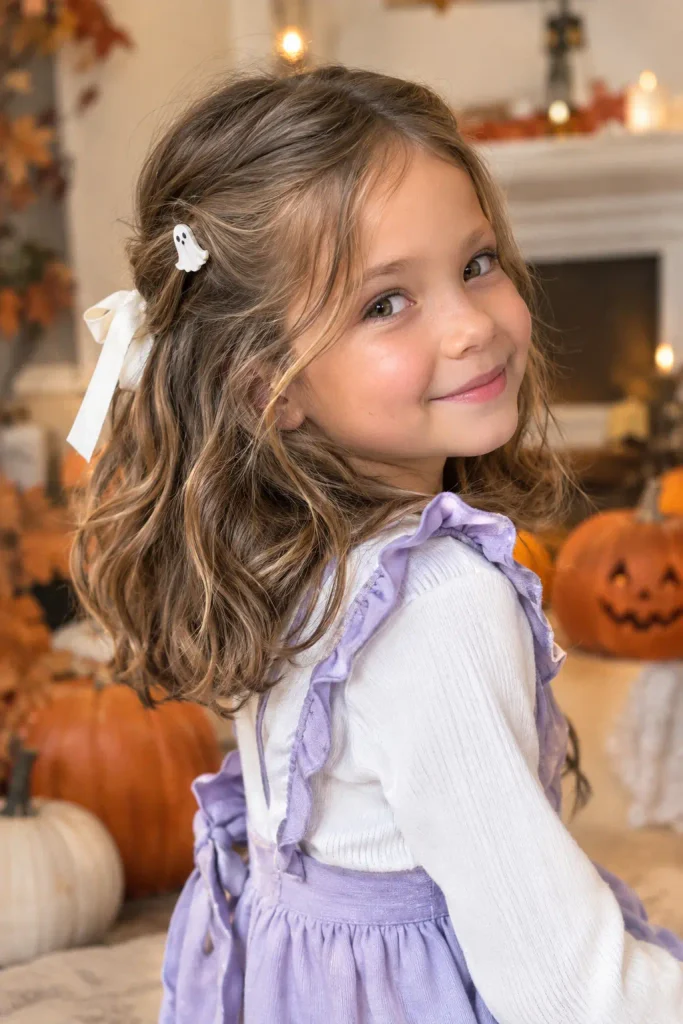 Realistic 6-year-old girl with shoulder-length wavy light-brown hair in a half-up style, decorated with a white ghost clip and ivory ribbon, wearing a white and lavender Halloween outfit among pumpkins and warm autumn decorations.