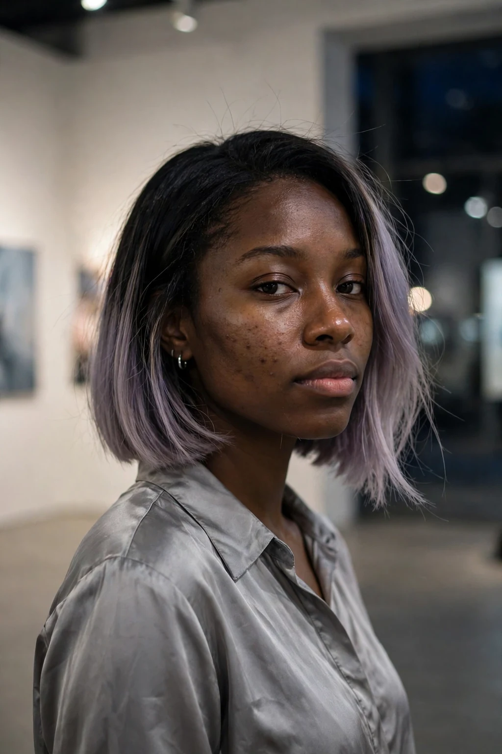 Young Black woman with a ghostly lavender ombre bob at a Halloween party.