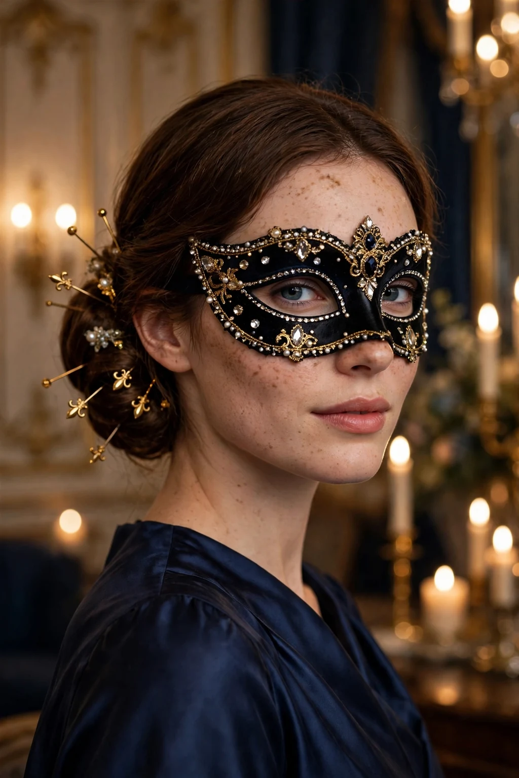 Young woman with a gilded chignon and a jeweled mask at a masquerade gala.