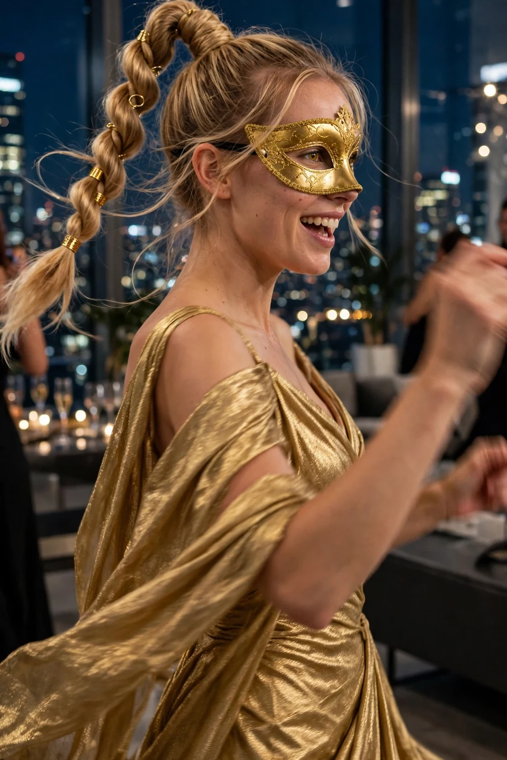 Young woman with a high rope twist ponytail wrapped in gold cuffs and a golden masquerade mask at a modern penthouse party.
