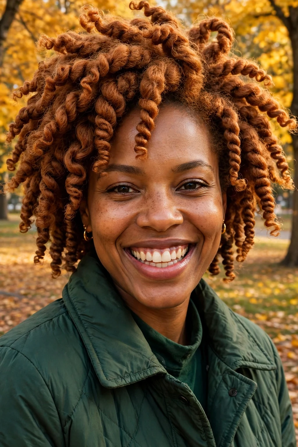 Young Black woman with a voluminous ginger twist-out, defined curls framing her face, outdoors among autumn trees.