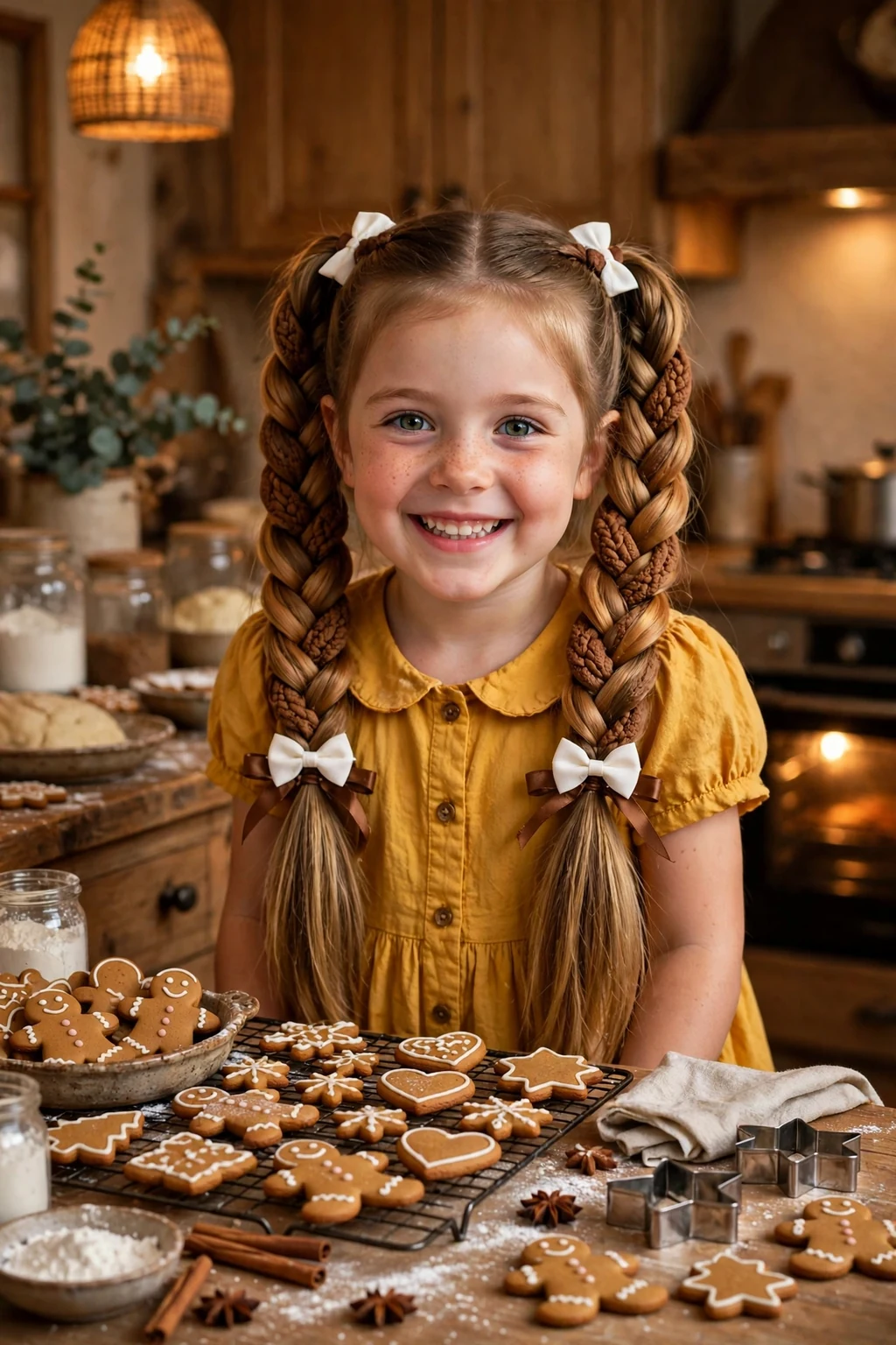 A young girl with gingerbread braided pigtails tied with brown and white ribbons.