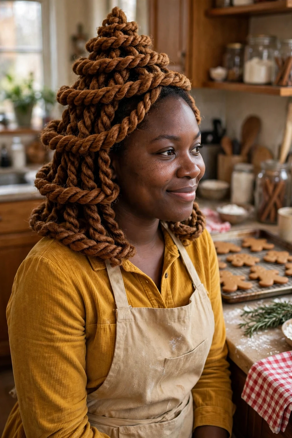 Young woman with warm caramel gingerbread twisted tiers in a home kitchen with cookies baking.