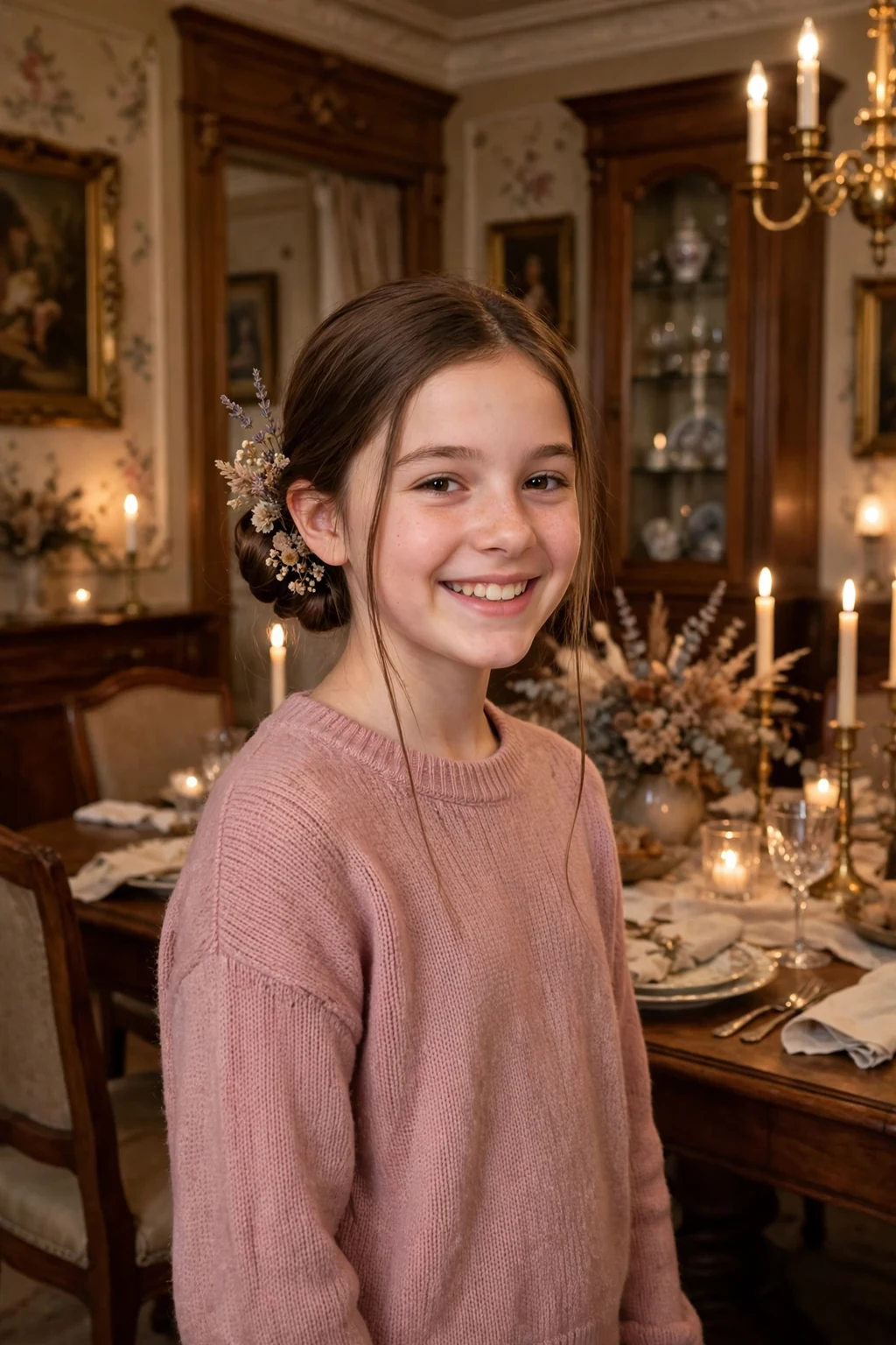 A young girl with a low chignon decorated with tiny dried flowers, wearing a dusty rose sweater in an elegant dining room.