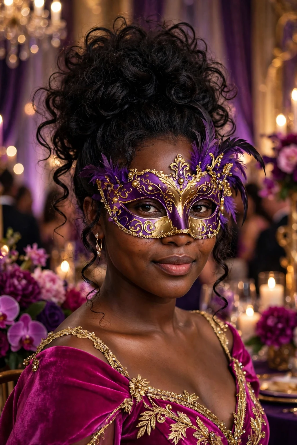 Young woman with a glamorous curly updo and a masquerade mask.